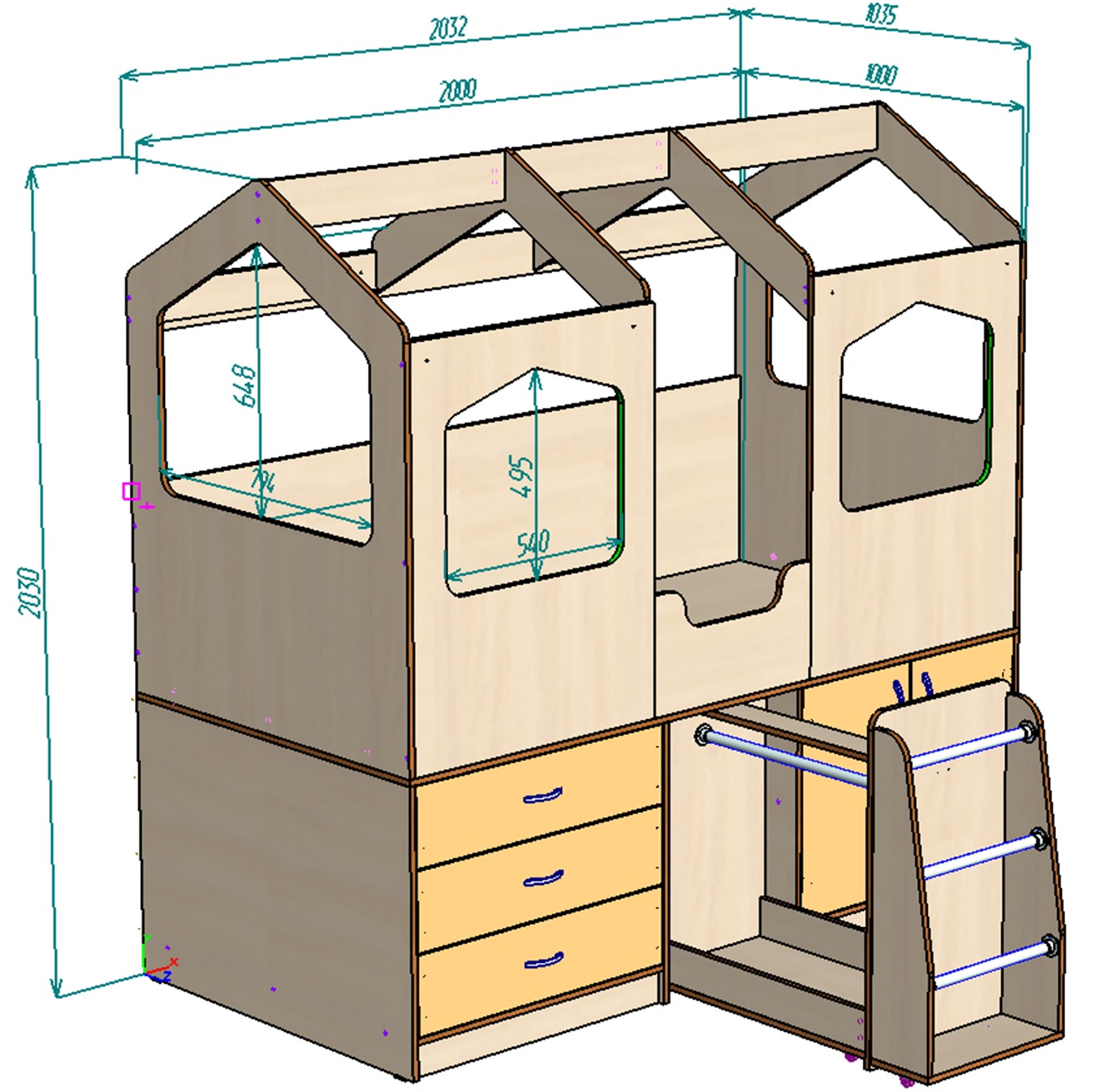 Каталог Нестандарт Кровать чердак Домик Сказка с выдвижной вешалкой ДС-14 от магазина ПолКомода.РУ