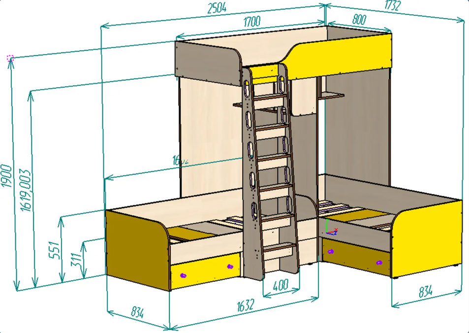 Каталог Нестандарт Трехместная кровать чердак Трио 80х170 80х170 80х160 от магазина ПолКомода.РУ