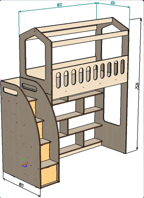 Каталог Нестандарт Кровать чердак ДС-28 со стеллажом и лестницей комодом от магазина ПолКомода.РУ