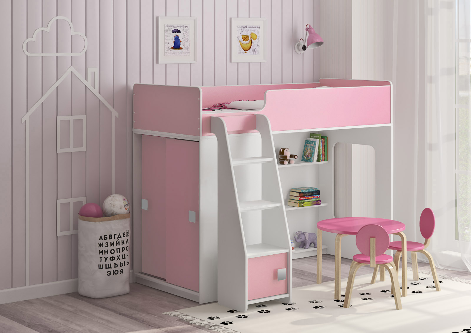 картинка Кровать чердак Л-42.5.1 со шкафом-купе магазин PolKomoda.ru Каталог Кровать чердак Л-42.5.1 со шкафом-купе от магазина ПолКомода.РУ