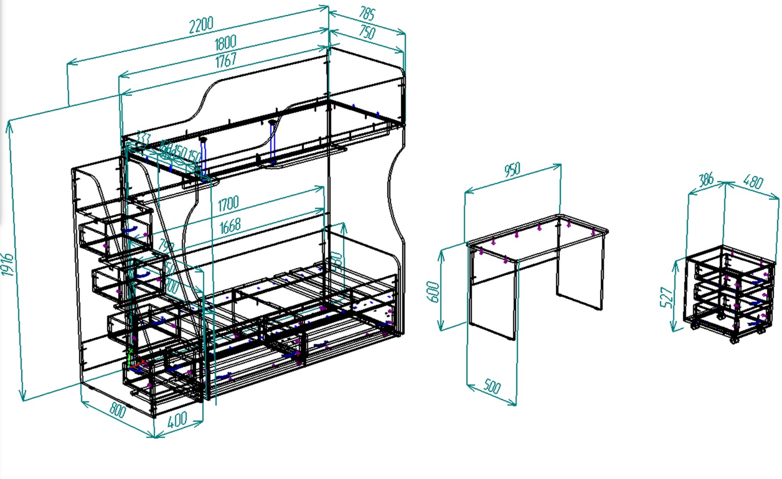 Каталог  Нестандарт Двухъярусная кровать Дуэт-5 с лестницей комодом 75*176/75*166 от магазина ПолКомода.РУ