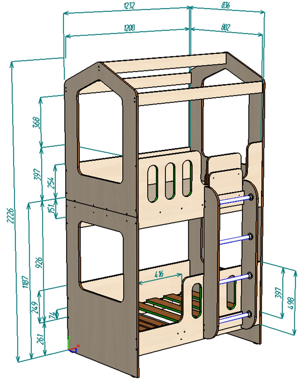 Каталог  Нестандарт Двухъярусная кровать Домик Сказка ДС-17 80*120 от магазина ПолКомода.РУ