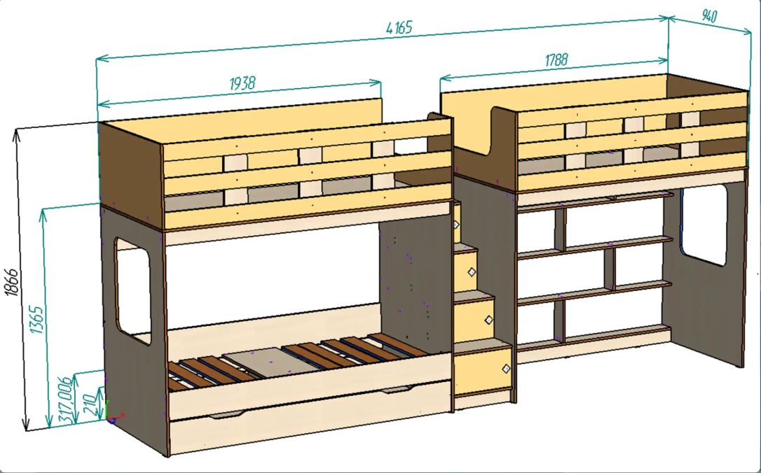 Каталог Нестандарт Трехъярусная кровать Л-С602 90х175 + Л-Д602.3 90х190 + Ящик Л-14 190 от магазина ПолКомода.РУ
