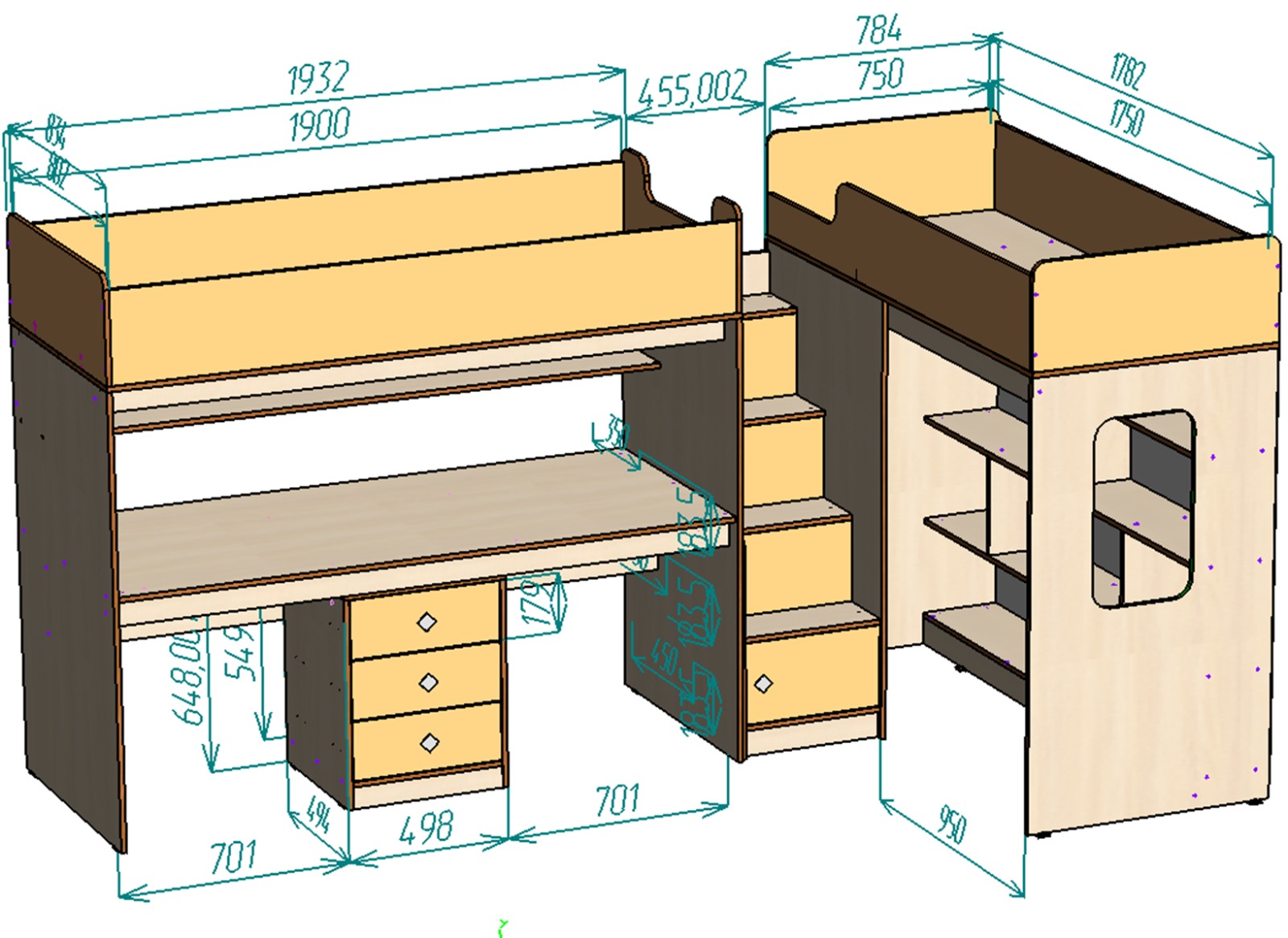 Каталог Нестандарт Двухъярусная кровать Л-CC603-606 спальные места 80х190 75х175 от магазина ПолКомода.РУ