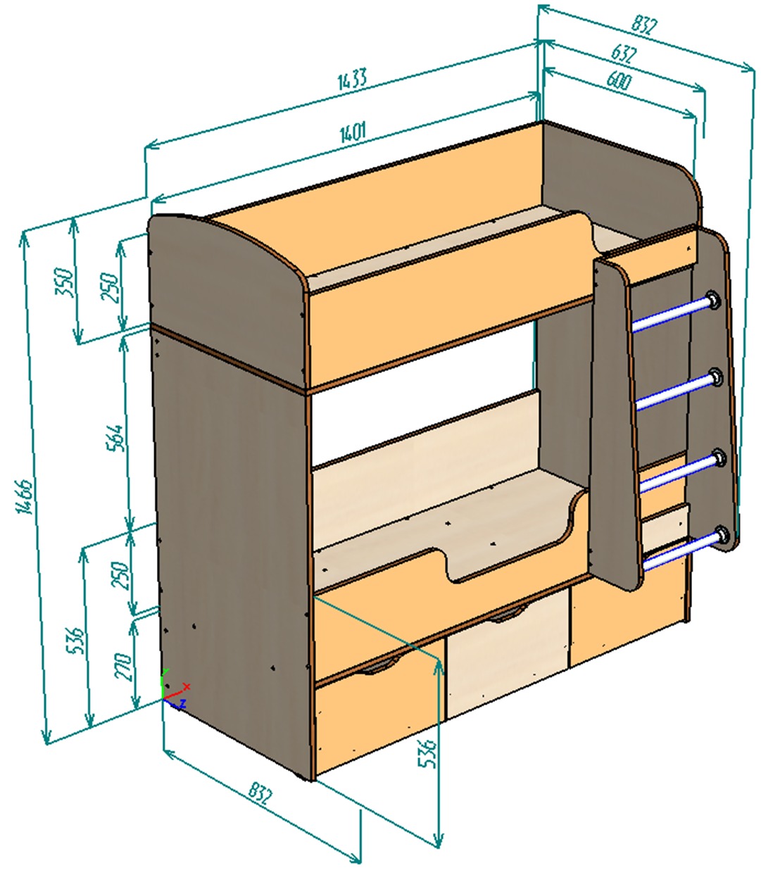 Каталог Нестандарт Кровать двухъярусная Малыш Двойняшка 60х140 от магазина ПолКомода.РУ