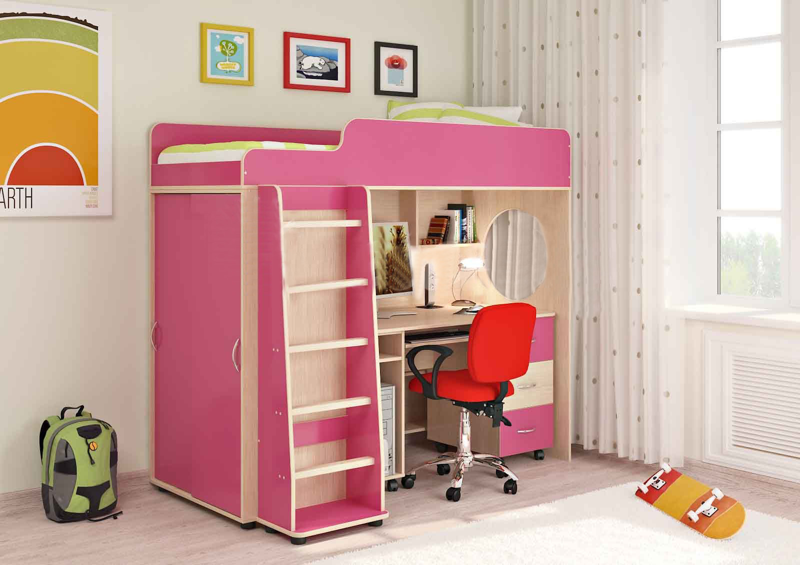 Кровать чердак розовая со столом и шкафом