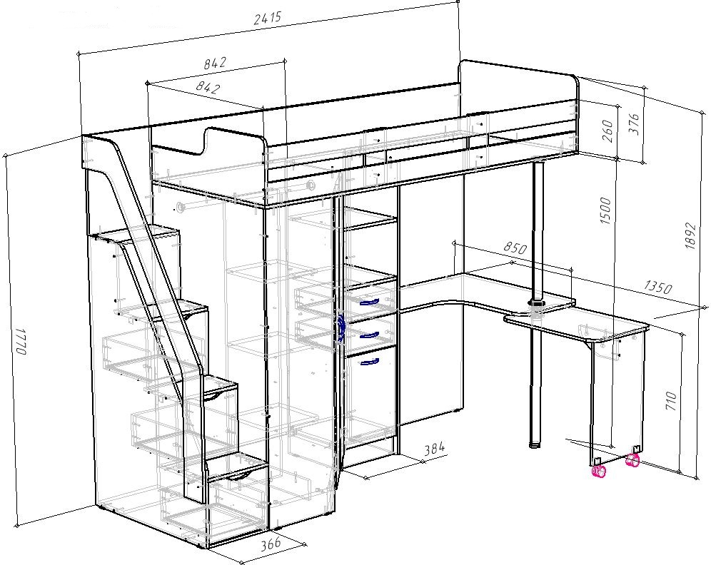 Схема сборки кровати чердака с угловым шкафом и письменным столом