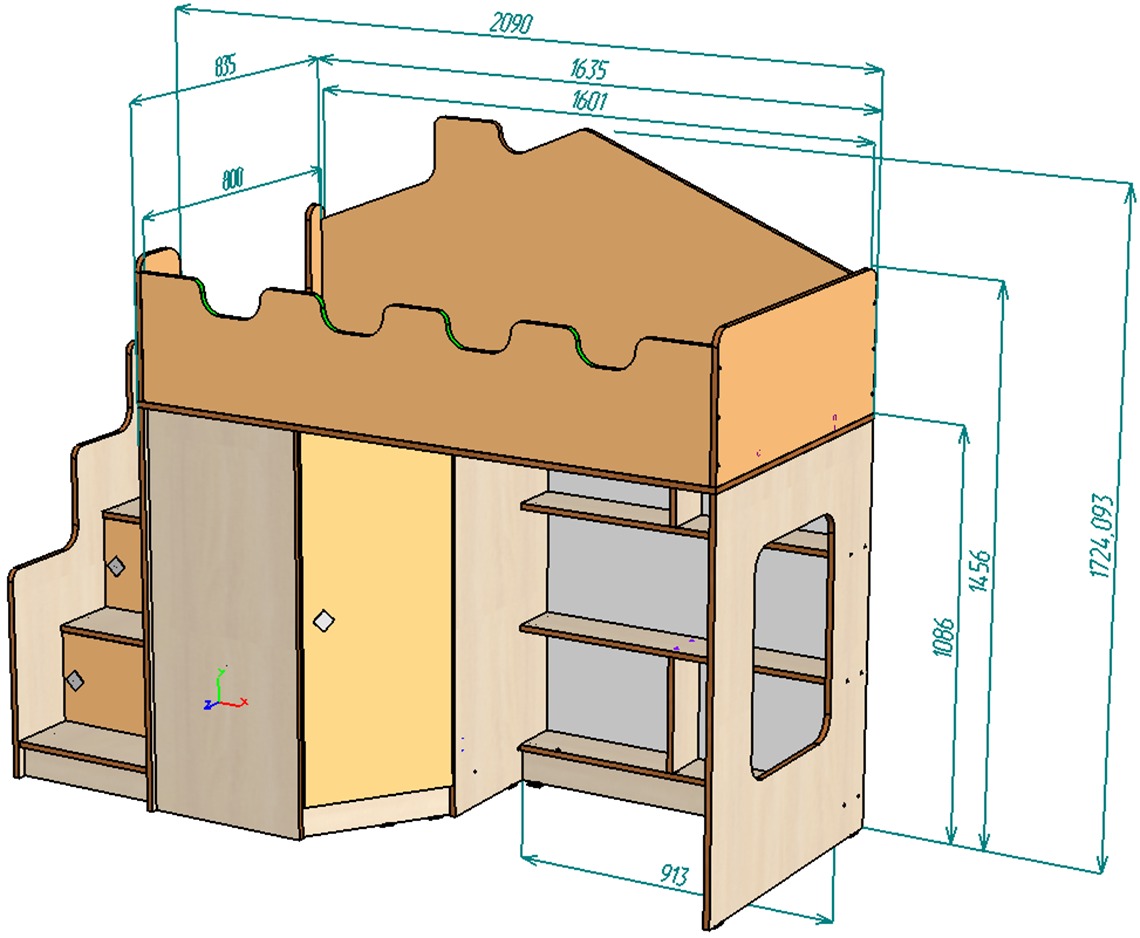 Каталог Нестандарт Кровать-домик чердак Л-Д43.2.1 спальное место 80х160 от магазина ПолКомода.РУ