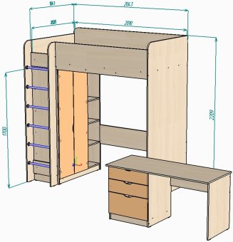 Нестандарт Кровать-чердак Polini Simple с письменным столом и шкафом - 54000
