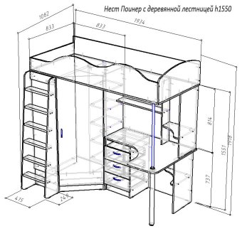 Нестандарт Кровать чердак Пионер с деревянной лестницей ( увеличена высота ) - 36590